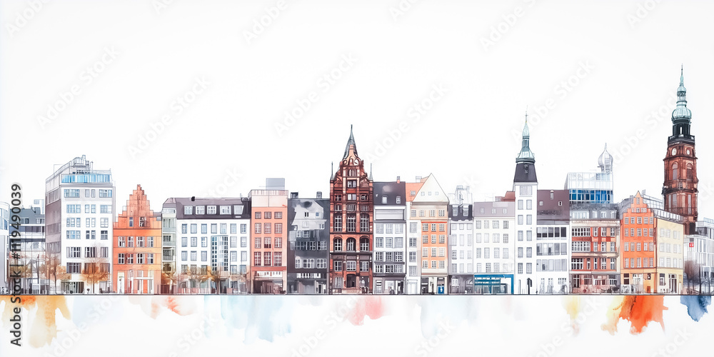 Fototapeta premium A vibrant artistic illustration of a European city skyline, showcasing historic and modern architecture, featuring vivid colors and detailed design on a white background.