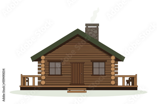 Traditional Timber Cabin with Chimney and Green Windows - Flat Vector Design