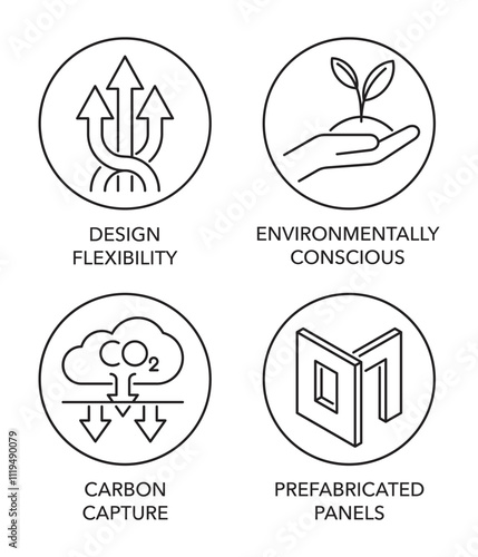 Engineered wood thin icons - Environmentally, Flexibility, Prefabricated, Carbon capture
