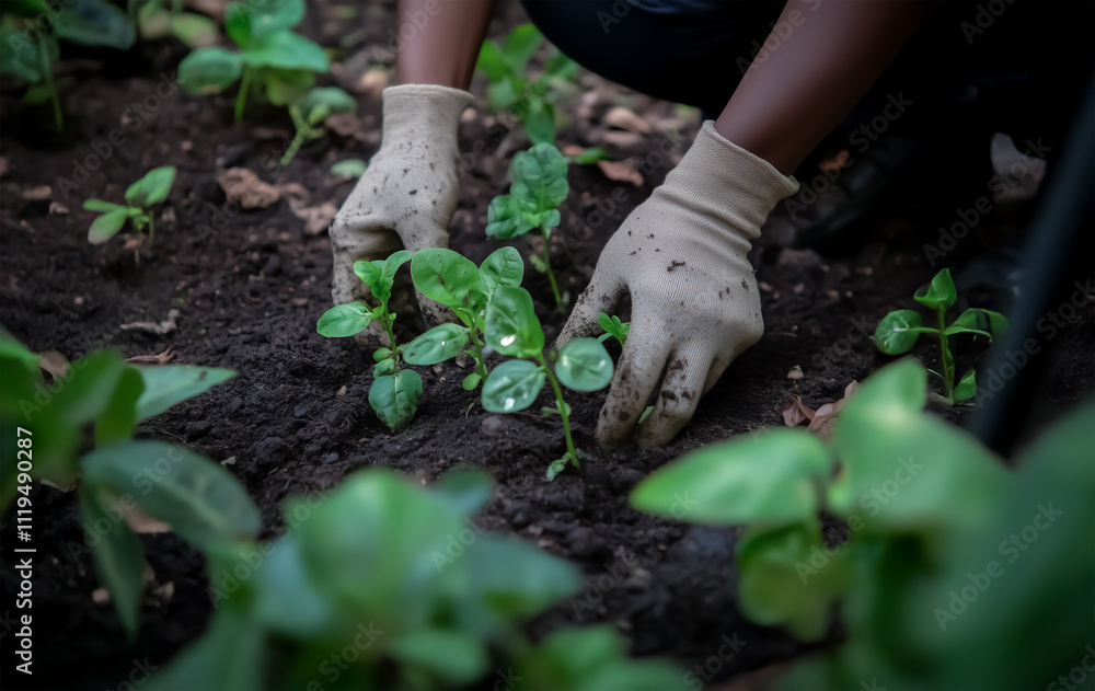 Detailed hands planting fresh green seedlings in rich soil, symbolizing care and sustainable community gardening.