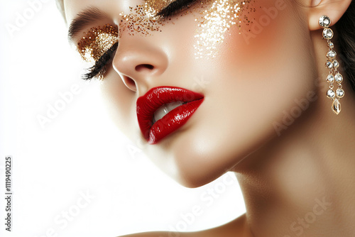 closeup of a stylish young woman with shiny golden glitter eyeshadow , red lipstick and crystal earrings, close-up portrait on a white background. Beautiful model girl in evening makeup, fashion photo