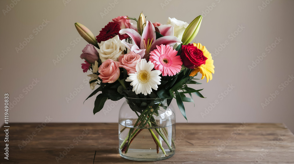 A photo of a flower vase. The vase contains a bouquet of red roses and greenery. The table has a white tablecloth A photo of a flower vase. The vase contains a bouquet of red roses and greenery. The table has a white tablecloth