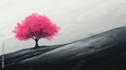 Pink Tree on a Gray Hillside Landscape