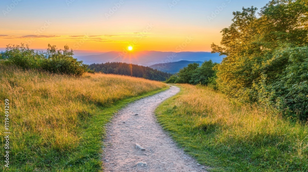 Serene sunset vista, winding trail through golden meadow, leading to distant mountains. Serene sunset vista, winding trail through golden meadow, leading to distant mountains.