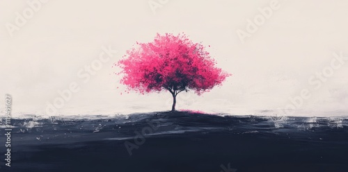 Pink Tree Solitary in a Dark Landscape