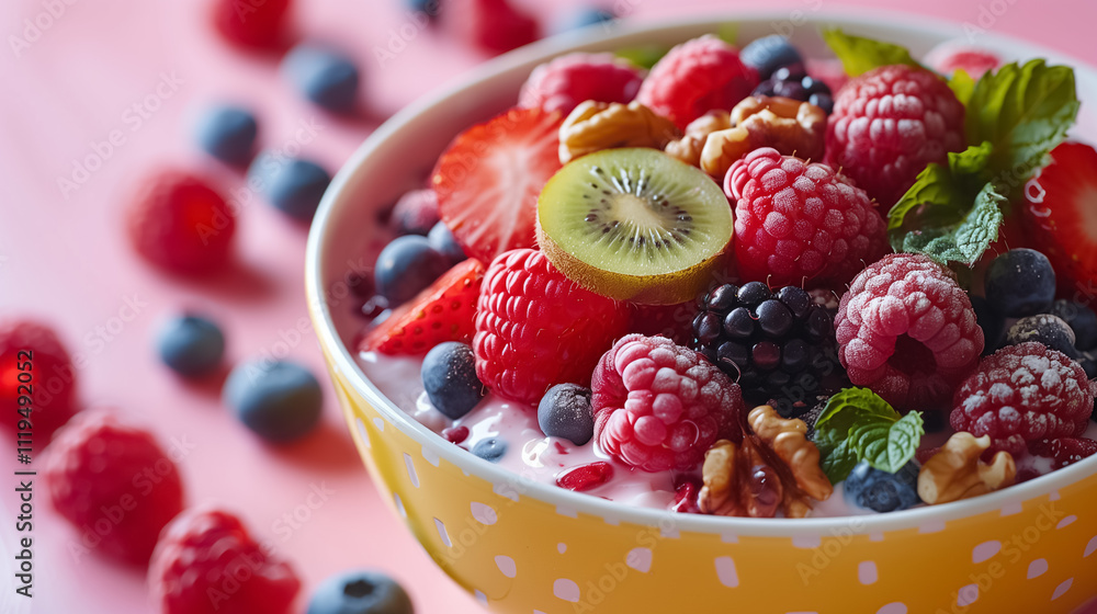 Colorful Yogurt Dessert with Topping Fruits and Nuts for Breakfast in Yellow Bowl Colorful Yogurt Dessert with Topping Fruits and Nuts for Breakfast in Yellow Bowl