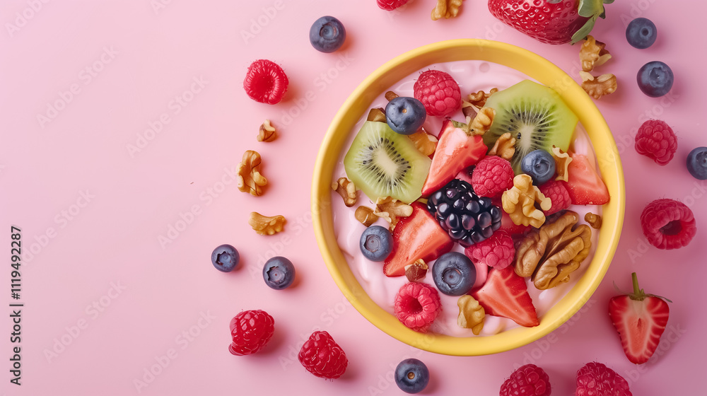 Dessert with Yogurt, Berries, and Walnuts in Yellow Bowl on Pink Background Dessert with Yogurt, Berries, and Walnuts in Yellow Bowl on Pink Background