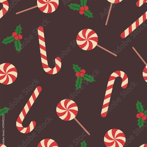 Seamless pattern with candy canes, lollipops and holly on brown background. Traditional red and white Christmas sweets. Vector flat illustration for wallpaper, textile, packaging
