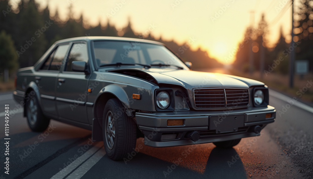 Car with broken headlight and dented hood parked on highway shoulder with blurred trees and sky background Car with broken headlight and dented hood parked on highway shoulder with blurred trees and sky background