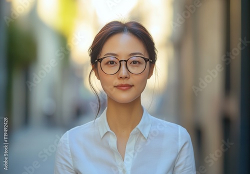 Portrait of Confident Young Woman with Glasses Standing in Urban Alleyway Smiling at Camera with Soft Focus Background and Warm Tones