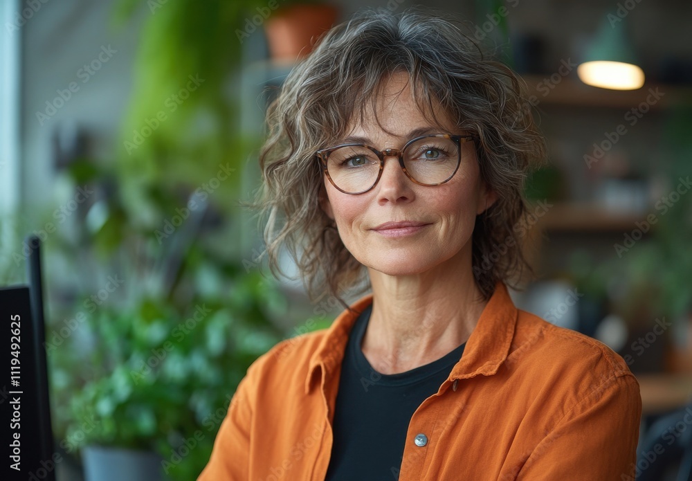 Professional Woman with Wavy Hair Wearing Glasses in a Cozy Workspace Surrounded by Green Plants and Natural Light, Exuding Calmness and Confidence in a Modern Environment Professional Woman with Wavy Hair Wearing Glasses in a Cozy Workspace Surrounded by Green Plants and Natural Light, Exuding Calmness and Confidence in a Modern Environment