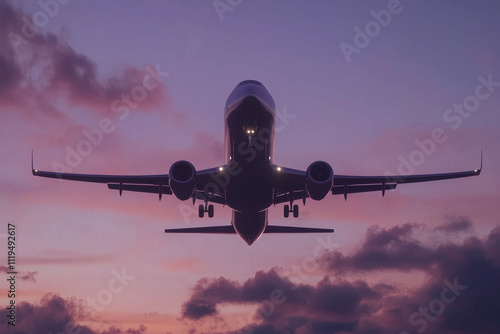 Takeoff or landing of a passenger plane at the airport. Airplane flies in the evening purple sky, sunset or sunrise. Traveling by plane.