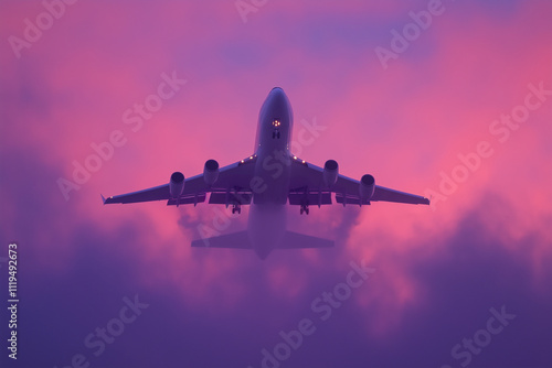 Takeoff or landing of a passenger plane at the airport. Airplane flies in the evening purple sky, sunset or sunrise, fog. Traveling by plane.