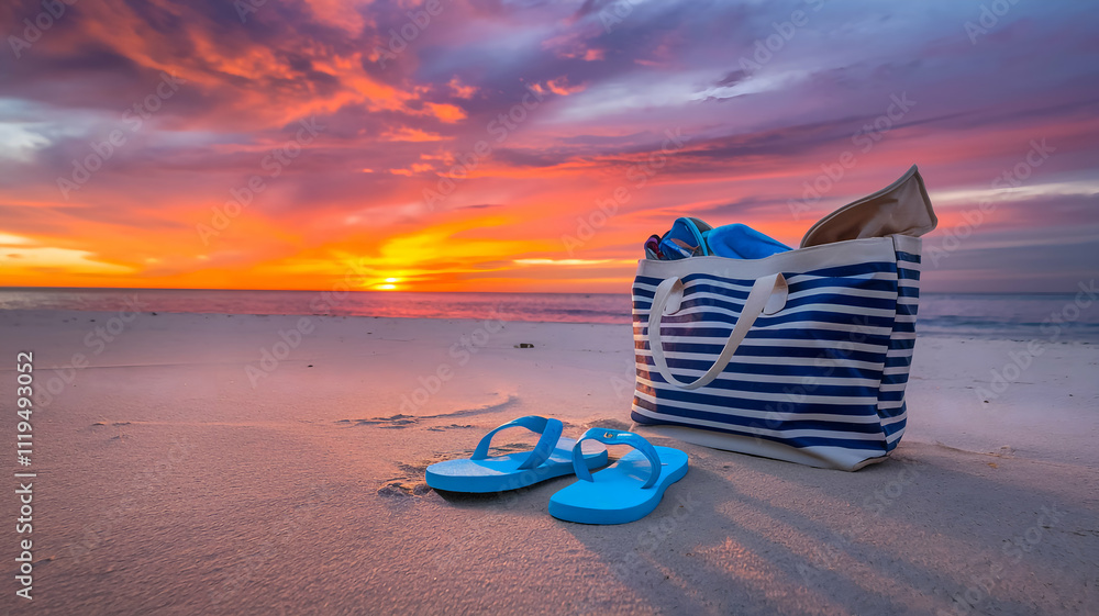 Obraz premium beach bag and flip flops. A photo of a pair of flip flops and a beach bag placed on the sand at a beach during a vibrant sunset.