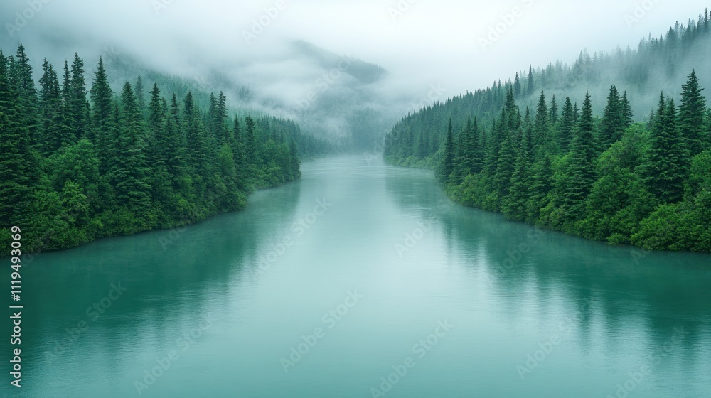 Misty river flowing through lush evergreen forest. Misty river flowing through lush evergreen forest.
