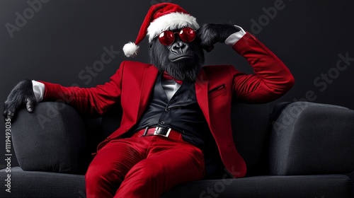 Relaxed gorilla in a red tuxedo and Santa hat, lounging on a black sofa against a dark background. Perfect for fun holiday themes