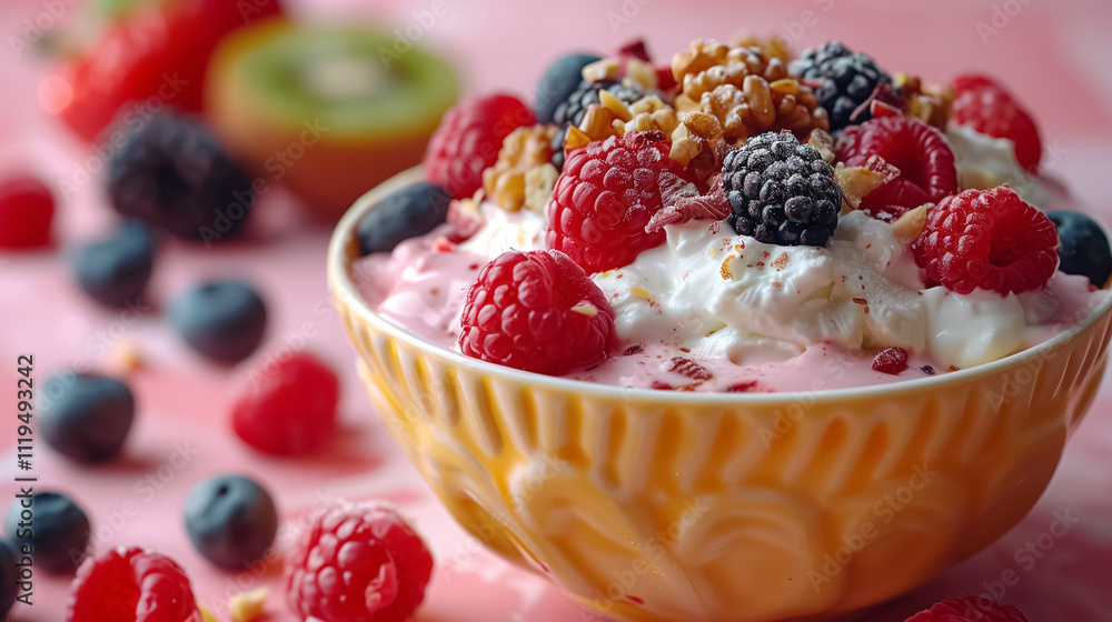 Breakfast with yogurt, nuts, and berries in yellow bowl on pink background Breakfast with yogurt, nuts, and berries in yellow bowl on pink background