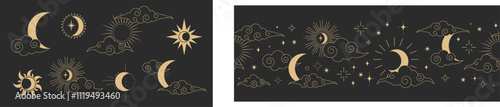 Celestial set witch spiritual decoration with asian clouds moon, sun burst and stars. line astrology pattern, minimal geometric background.
