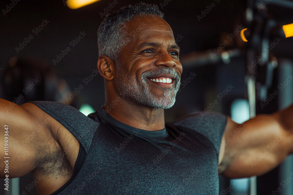 Senior happy black man confidently smiles in a modern gym, showcasing strength and resilience Senior happy black man confidently smiles in a modern gym, showcasing strength and resilience