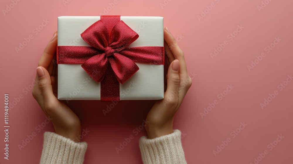 Top view photo of a woman's hands holding a large white gift box tied with a red silk ribbon bow, placed against a pastel pink background with ample blank space Top view photo of a woman's hands holding a large white gift box tied with a red silk ribbon bow, placed against a pastel pink background with ample blank space