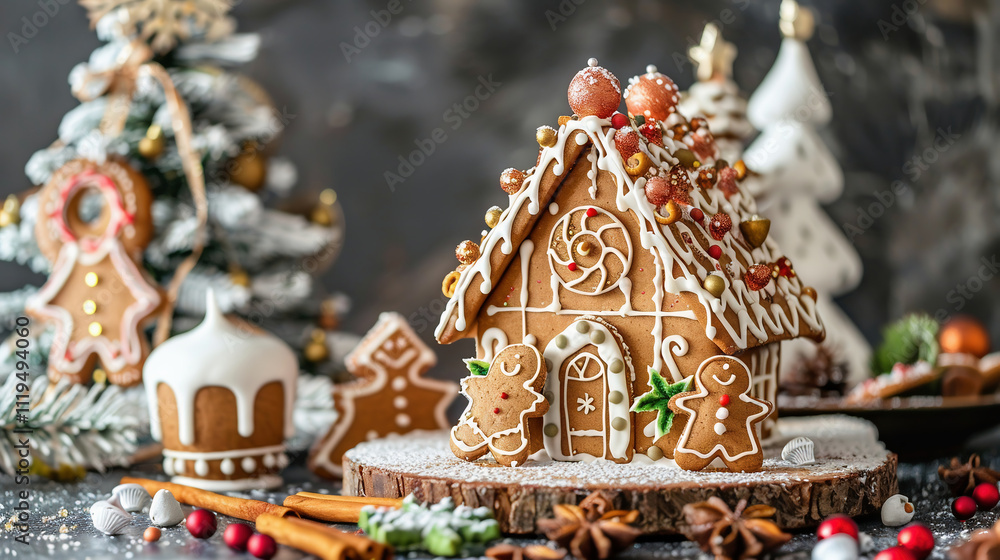 Fototapeta premium Winter landscape with a gingerbread house in a mountain valley, Christmas mood
