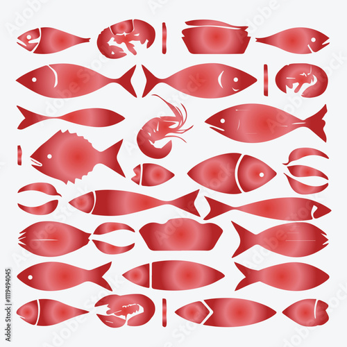 Seafood menu vector illustration set. Cartoon raw marine sea or ocean food collection with tuna trout salmon flounder fishes, lobster shrimp caviar mussel squid octopus tentacles isolated on white