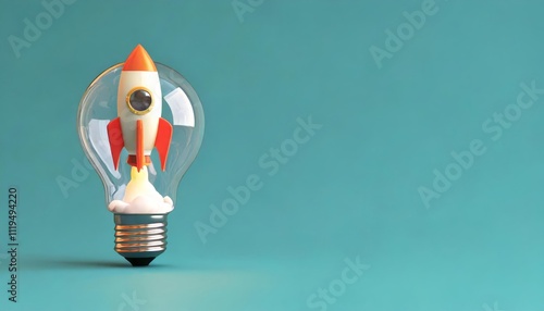 A whimsical light bulb encases a colorful rocket, symbolizing innovation and creativity against a teal backdrop. photo