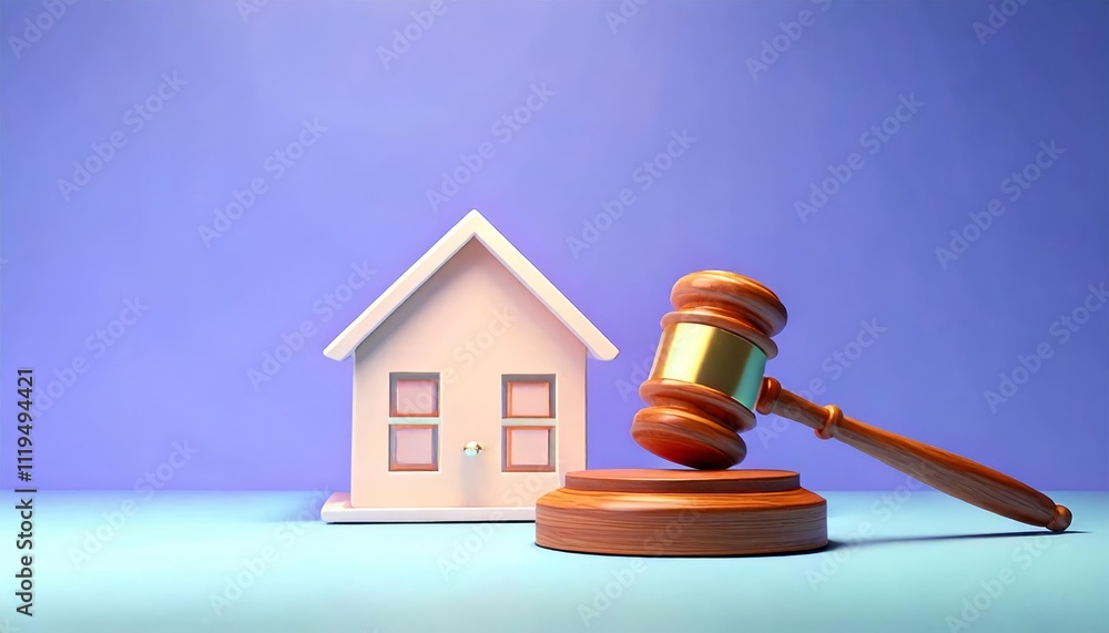 A miniature house and a gavel are depicted against a blue background, symbolizing legal matters related to real estate. A miniature house and a gavel are depicted against a blue background, symbolizing legal matters related to real estate.