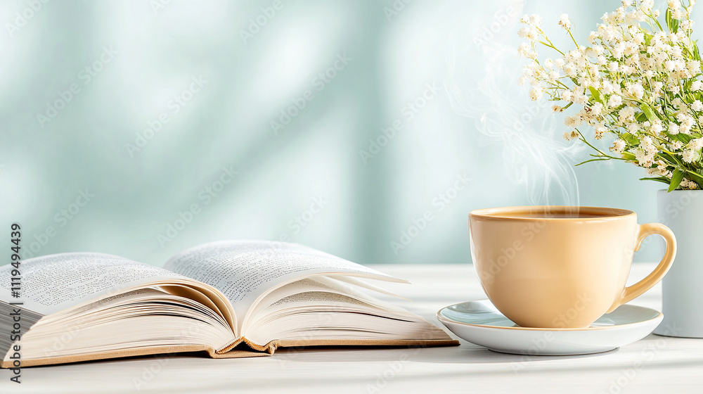Relaxing scene with open book, coffee, and white flowers on a table Relaxing scene with open book, coffee, and white flowers on a table