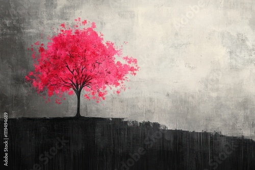 A Single Pink Tree Against A Gray Background