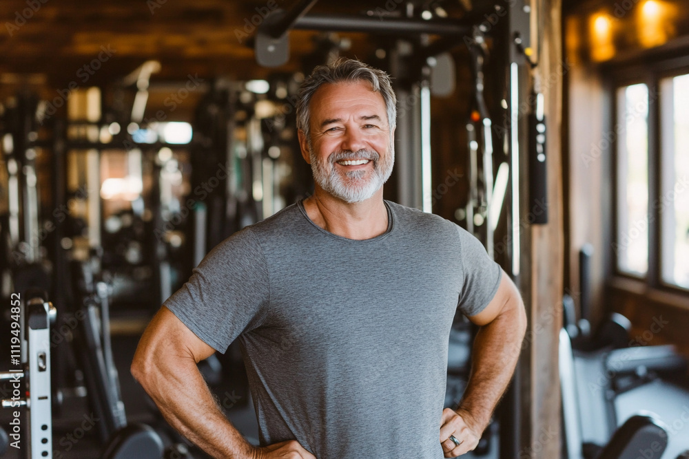 Senior happy caucasian man confidently in a modern gym, showcasing strength and resilience Senior happy caucasian man confidently in a modern gym, showcasing strength and resilience