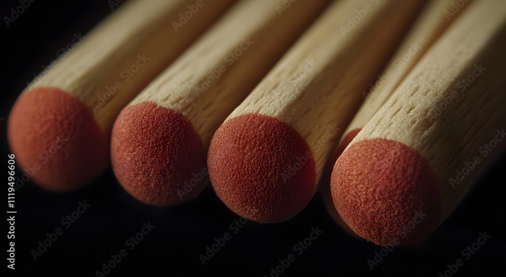 A close up of a set of wooden matches arranged on an isolated dark background. The match heads are red in color and the wooden sticks have a natural texture. The sticks are ready to use. A close up of a set of wooden matches arranged on an isolated dark background. The match heads are red in color and the wooden sticks have a natural texture. The sticks are ready to use.