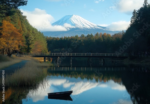 Serene Reflection of Mount Fuji Surrounded by Autumn Foliage and Tranquil Lake with a Small Boat Under a Clear Blue Sky in Japan