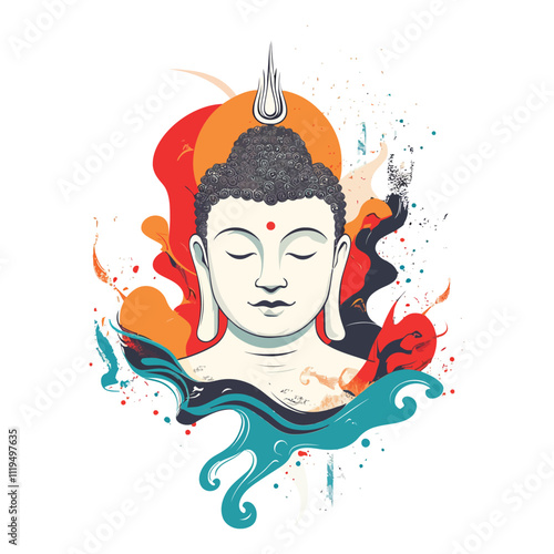 Colorful Abstract Buddha Art with Orange and Blue Swirls