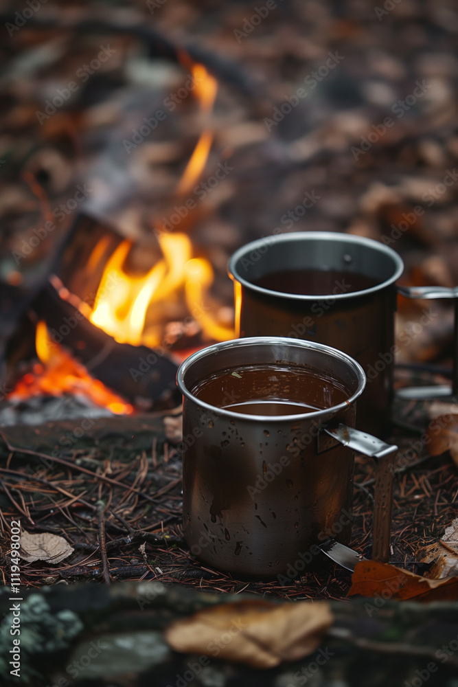 Two metal camp mugs with hot tea stand next to the fire. Camping Cups. Hiking, burning campfire. National park day. Two metal camp mugs with hot tea stand next to the fire. Camping Cups. Hiking, burning campfire. National park day.