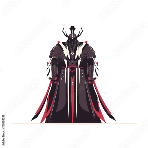 Dark Armored Warrior with Horned Helmet and Red Accents - Flat Vector Illustration