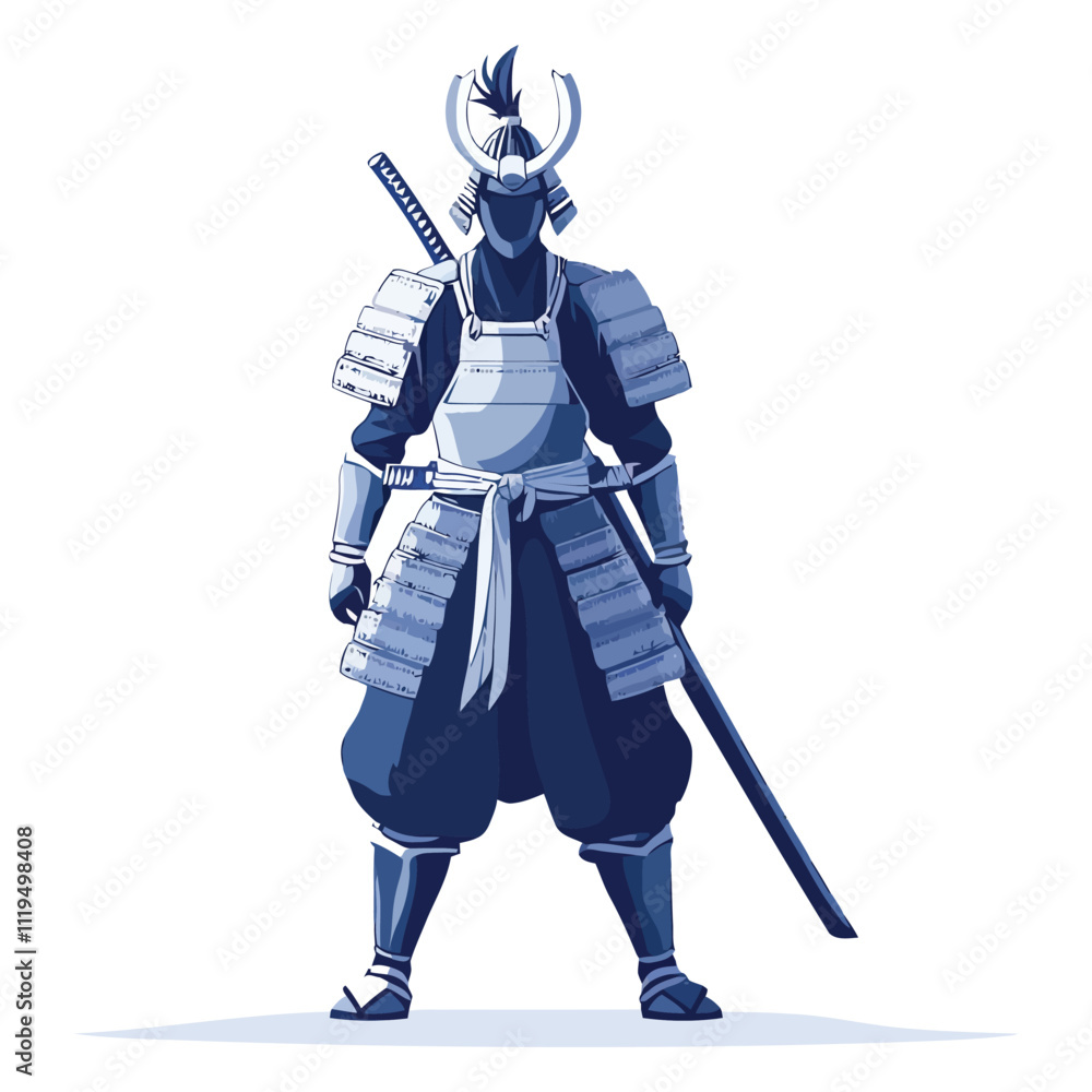 Samurai Warrior in Full Battle Armor Holding Twin Swords - Flat Art Design Samurai Warrior in Full Battle Armor Holding Twin Swords - Flat Art Design