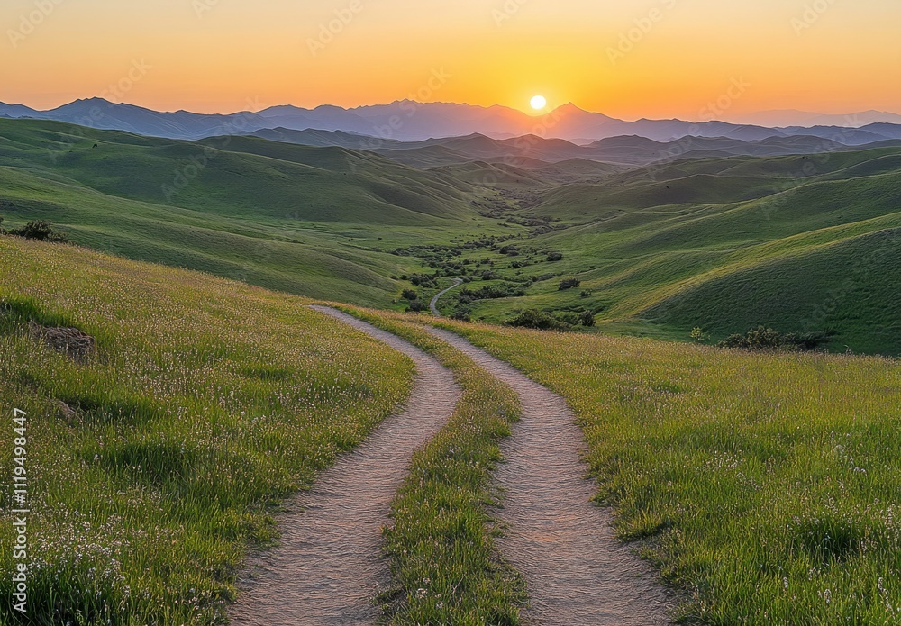 Fototapeta premium Serene Sunset Overrolling Hills with Winding Pathway Leading Through Lush Green Fields and Expansive Mountain Range in the Horizon