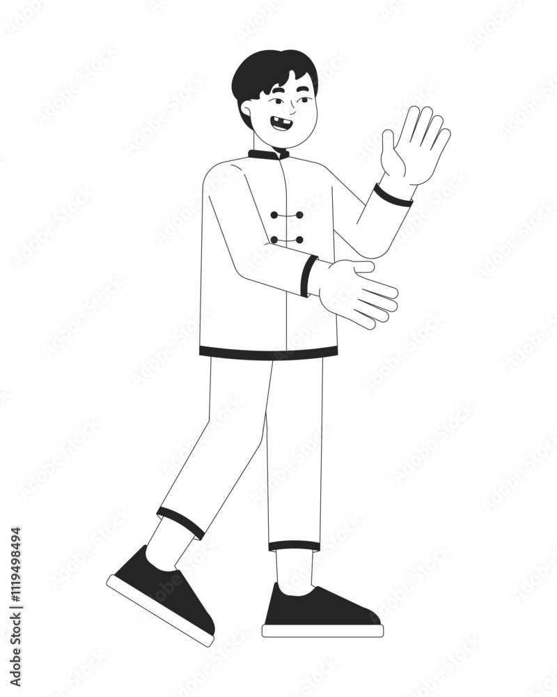 Chinese boy child in traditional tang suit clapping excited black and white 2D line character. Asian cute kid in oriental costume isolated vector outline person. Monochromatic spot illustration Chinese boy child in traditional tang suit clapping excited black and white 2D line character. Asian cute kid in oriental costume isolated vector outline person. Monochromatic spot illustration