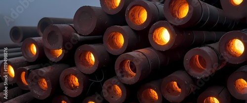 A closeup of a pile of freshly cut rebar rods stacked neatly with rust and mill scale catching the light photo