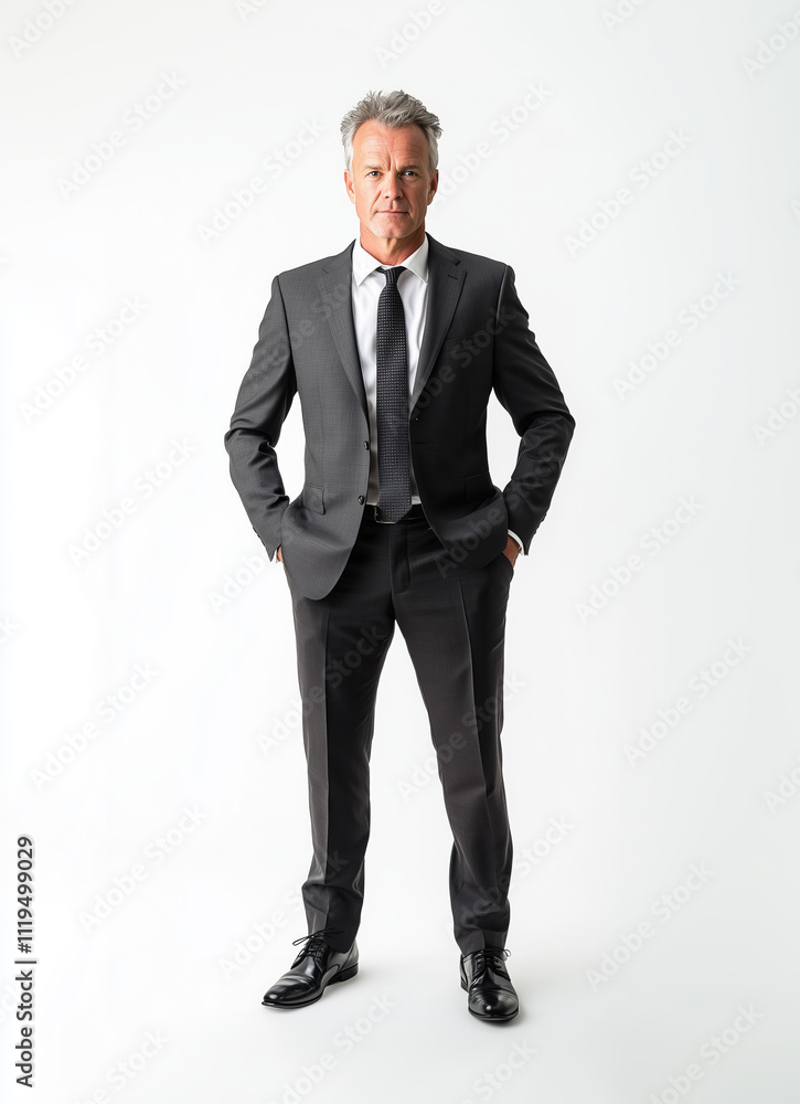 Businessman confidently standing in a tailored suit against a minimalistic background, showcasing professionalism and style in a corporate setting Businessman confidently standing in a tailored suit against a minimalistic background, showcasing professionalism and style in a corporate setting