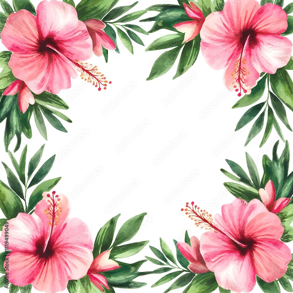 Obraz premium Botanical hibiscus flowers greenery Flame, tropical floral border on white, vibrant and fresh for wedding invitations