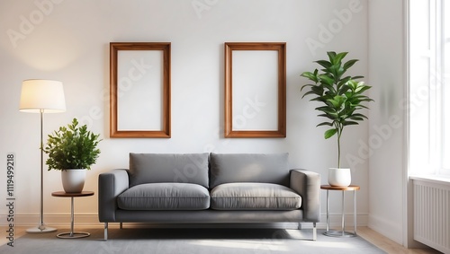 mock up poster frame in modern interior background, bohemian living room, Scandinavian style. Frame mockup on interior room, image 