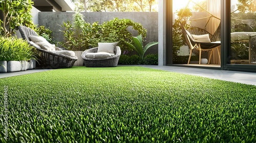 Serene backyard patio with artificial grass, wicker chairs, and lush greenery. Perfect for relaxation and summer vibes.