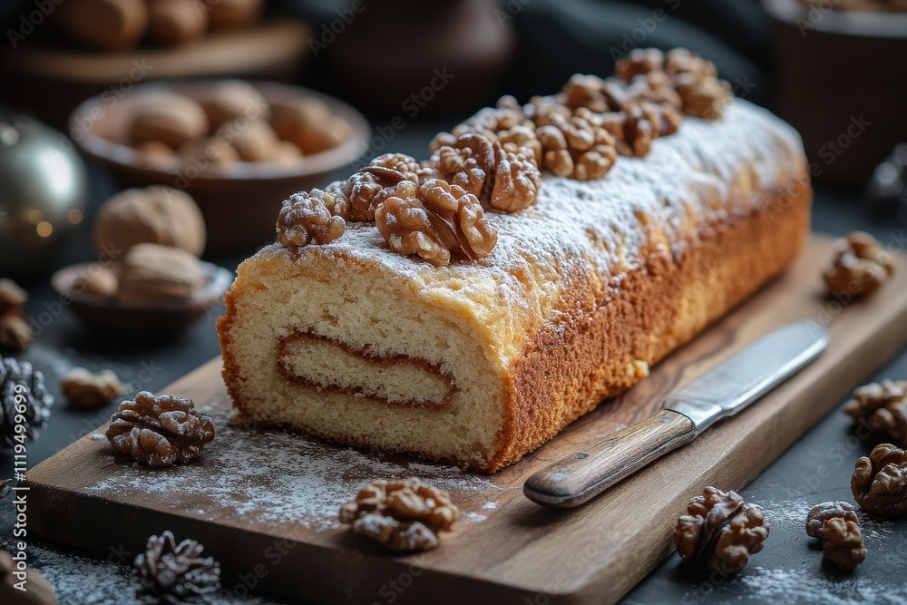 Photo of a Christmas Yule Log Cake on a Wooden Board Photo of a Christmas Yule Log Cake on a Wooden Board