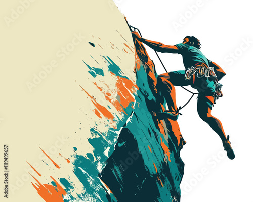 Rock Climber Scaling a Cliff with Dynamic Colors - Adventure Illustration