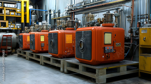 Industrial Orange Machinery, A Row of Powerful Engines in a Factory Setting