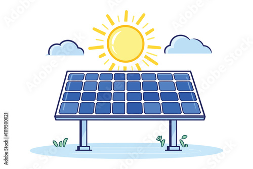 Solar Panel with Sun and Clouds - Clean Energy Vector Illustration