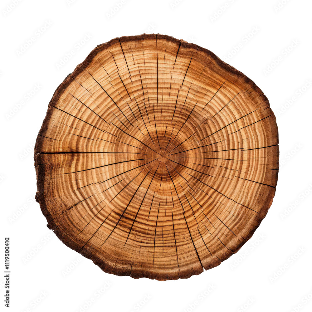 Fototapeta premium smooth cross section brown tree stump slice with age rings cut fresh from the forest with wood grain isolated on transparent background Png 