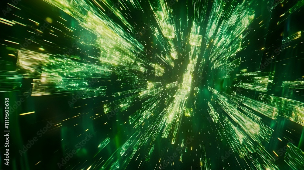 Abstract green light streaks radiating outwards, creating a dynamic and energetic visual. Perfect for technology, futuristic, or science-fiction themes. Abstract green light streaks radiating outwards, creating a dynamic and energetic visual. Perfect for technology, futuristic, or science-fiction themes.